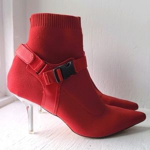 Fly knit statement chrome heel red boots